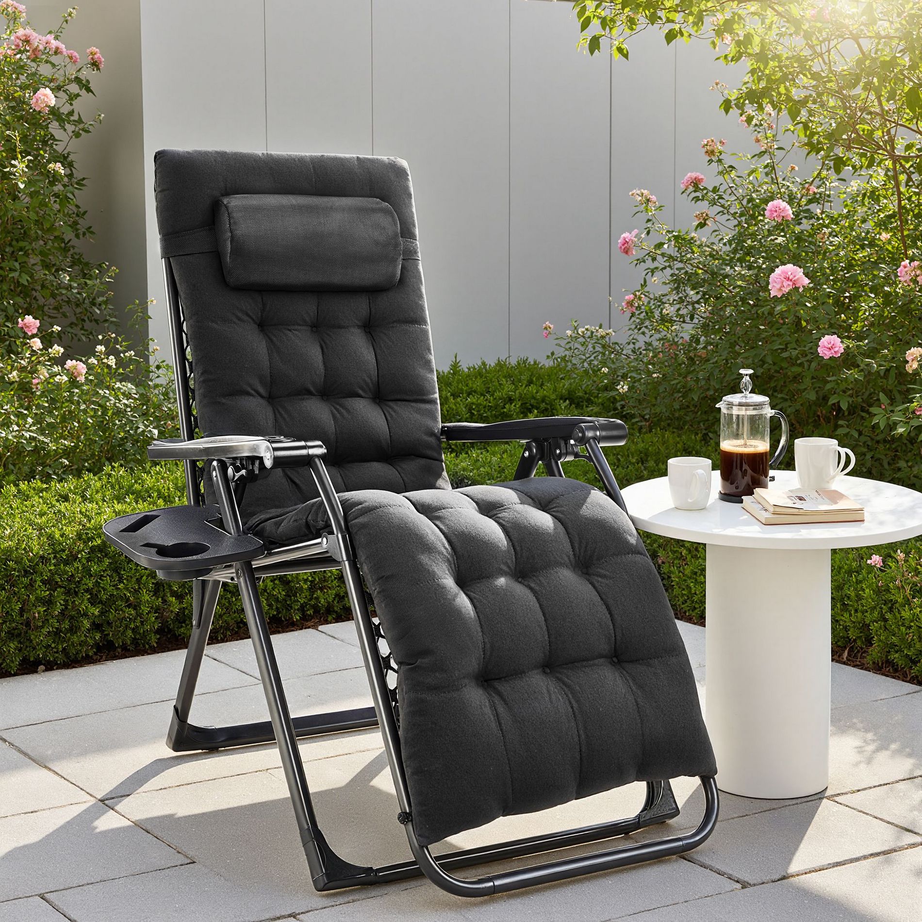 JIONJOY Zero Gravity Folding Lounge Chair - Removable Cushion & Cup Holder Tray, Reclining Patio Camping Chair-Black