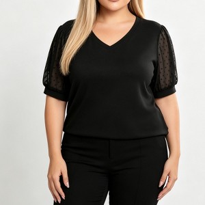 Plus Size Women V Neck Mesh Puff Short Sleeve Top, Spliced Dotted