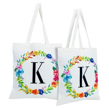 Okuna Outpost Set of 2 Reusable Monogram Letter L Personalized Canvas Tote Bags for Women, Floral Design, 29 in