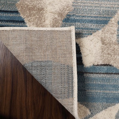Cream and Blue Floral Pattern Stain-Resistant Synthetic Area Rug, 5'x8'