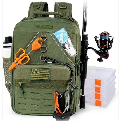 Fishing Tackle Backpack with Rod Holder 4 Tackle Boxes, Storage Fishing Gear and Equipment