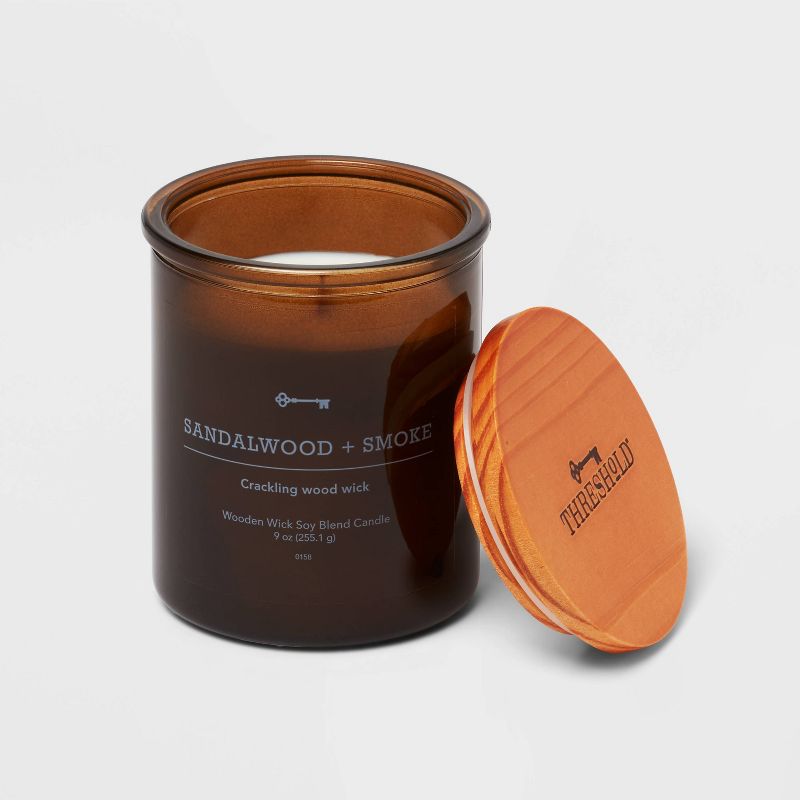 Amber Glass Sandalwood + Smoke Lidded Wooden Wick Jar Candle 9oz - Threshold&#8482;, 3 of 4