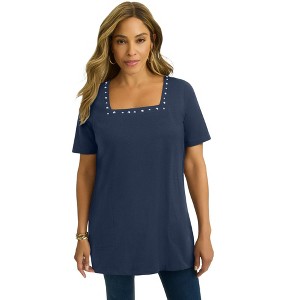 Jessica London Women's Plus Size Stretch Cotton Studded Square Neck Tunic - 1 of 4
