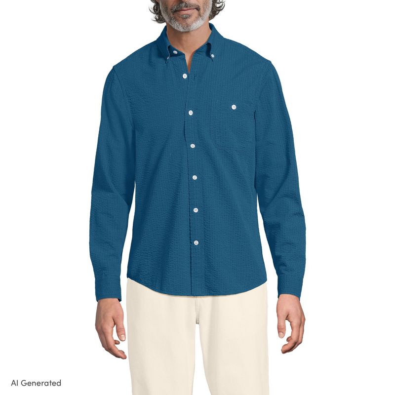 Lands' End Men's Long Sleeve Seersucker Shirt - Large - Baltic Teal