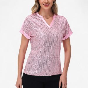 Anna-Kaci Women's Sequin Short Sleeve Top with Satin Trim V-Neckline and Rolled Cuffs - 1 of 4