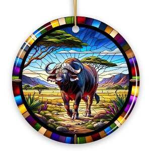 African Buffalo Wildlife Encounter Stained Glass Style Ceramic Ornament, Safari Animals Christmas Gift and Decor| OrnamentallyYou - 1 of 4