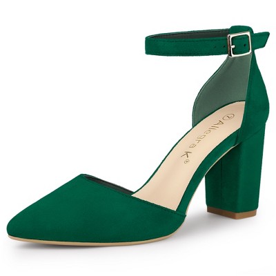 Allegra K Women s Ankle Strap Pointed Toe Block Heels Pumps Dark Green 8.5 Target