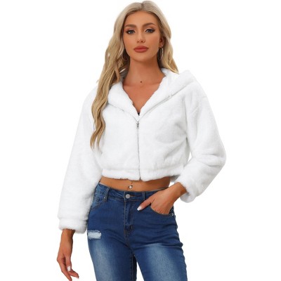 INSPIRE CHIC Women's Casual Hooded Zip Up Long Sleeve Cropped Faux Fur Jacket