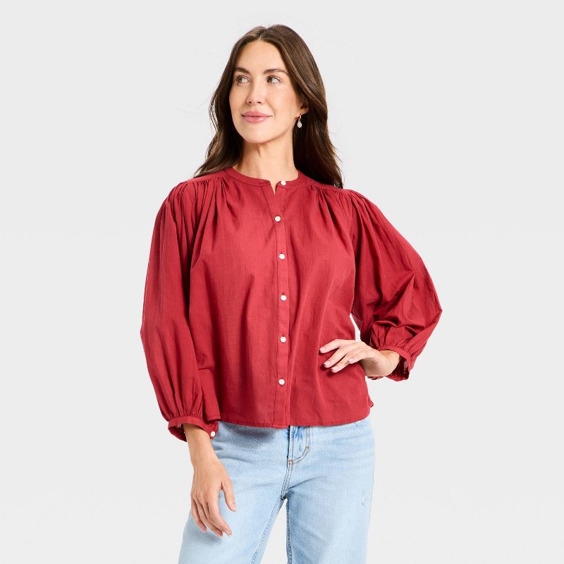 Women's Puff Long Sleeve Banded Collar Neck Blouse - Universal Thread™ Red L