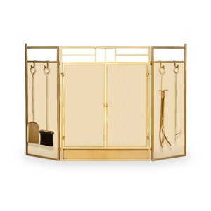 Barton 48" Fireplace Screen 3-Panel Foldable Doors Guard with 4pcs Fireplace Tool, Gold - 1 of 4