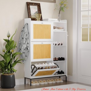 Hallway Rattan Shoe Cabinet w/ 3 Flip Drawers, Freestanding Organizer w/ Adjustable Shelves, Metal Knob, Narrow Shoe Rack Cabinet - 1 of 4