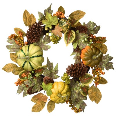 National Tree Company Artificial Autumn Wreath, Decorated with Pumpkins, Pinecones, Berry Clusters, Maple Leaves, Autumn Collection, 22 in