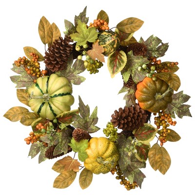 National Tree Company Artificial Autumn Wreath, Decorated with Pumpkins, Pinecones, Berry Clusters, Maple Leaves, Autumn Collection, 22 in