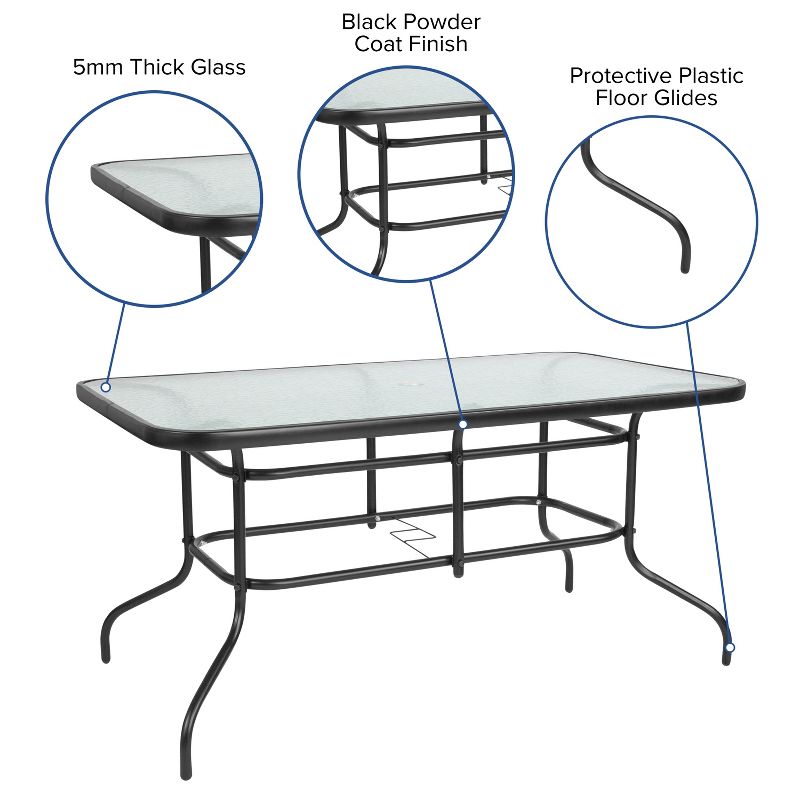 Emma and Oliver 31.5" x 55" Rectangular Tempered Glass Metal Table with Umbrella Hole, 3 of 11