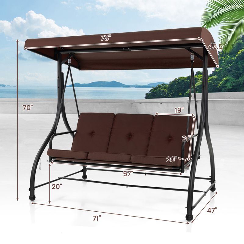 Costway 3-Seat Outdoor Converting Patio Swing Glider Adjustable Canopy Porch Swing Coffee/Black/Wine, 4 of 11