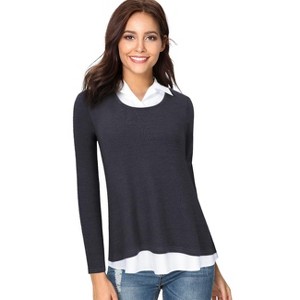 Coolmee Women's Tunics Tops Long Sleeve Contrast Collared Shirts Patchwork Work Blouse - 1 of 3