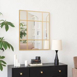 Golden Window Frame Hanging Mirror with Right Angled Rectangular Design in Iron, 100x75x2cm - 1 of 3