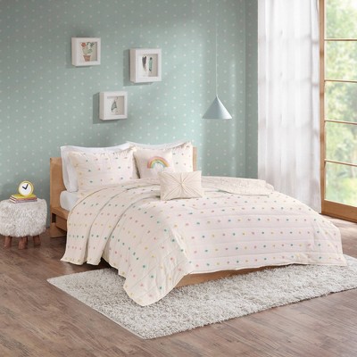 Callie Pom Pom Cotton Jacquard Full/Queen Quilt Set in Cream/Aqua/Teal