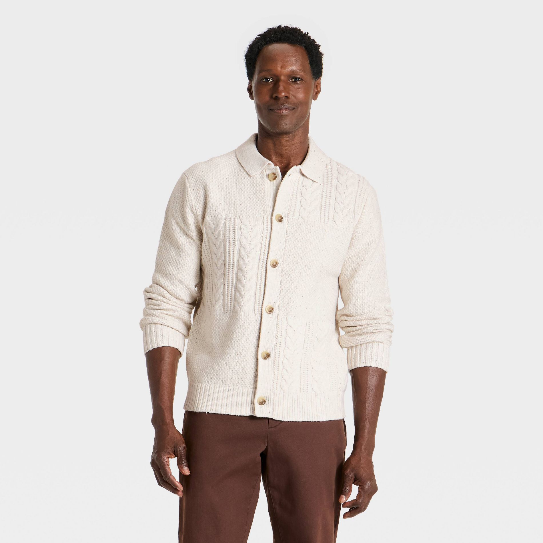 Men's Long Sleeve Patchwork Cable Sweater Jacket - Goodfellow & Co™ Cream