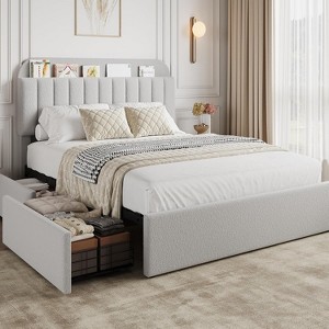 Kids' Fabric Platform Bed with Storage Headboard, 2 Drawers & Bookshelf, No Box Spring Needed, Easy Assembly - 1 of 4