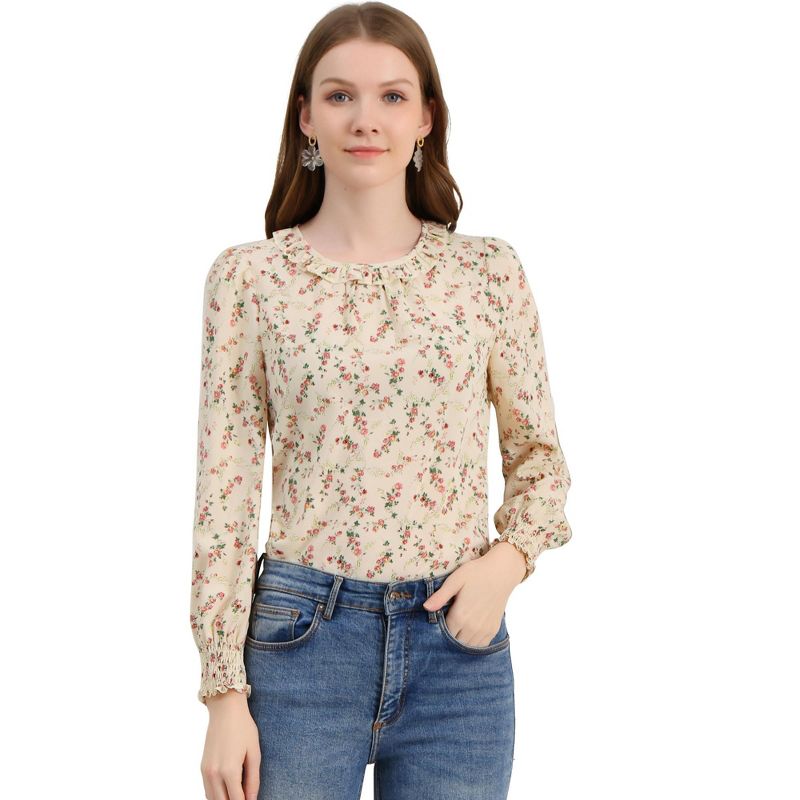 Allegra K Women's Smocked Cuffs Keyhole Back Ruffled Crew Neck Floral Blouse, 1 of 7