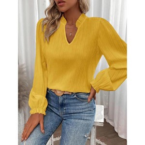 Women's Elegant Notched V Neck Flounce Long Sleeve Shirt Frill Trim Blouse Tops - 1 of 4