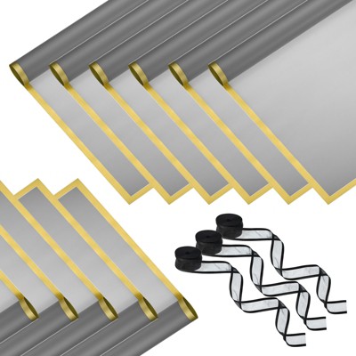 Unique Bargains Plastic Golden Edge Bouquet Flower Wrapping Paper 3 Packs with 3 Rolls Ribbons Silver