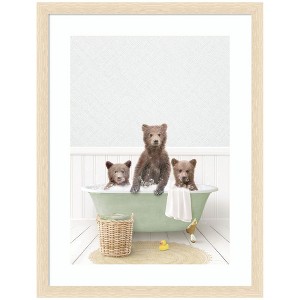 Kate and Laurel Three Bear Cubs in Cottage Green Bath by Amy Peterson Framed Wall Art Print, 20 x 26, Woodgrain Stripe Blonde - 1 of 4