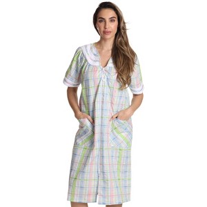 Dreamcrest Womens Short Sleeve Duster, Seersucker Plaid Housecoat/Women Sleepwear Zip Front Nightgown - 1 of 3