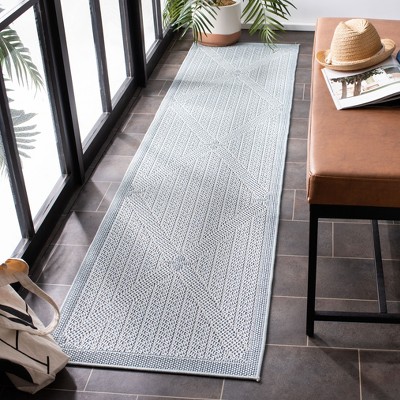 Elowen Light Blue Geometric 2' x 8' Easy-Care Outdoor Rug