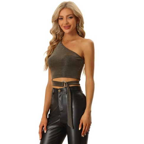 Allegra K Women's Velvet Sparkle Party Fitted Cut-out Glitter Crop