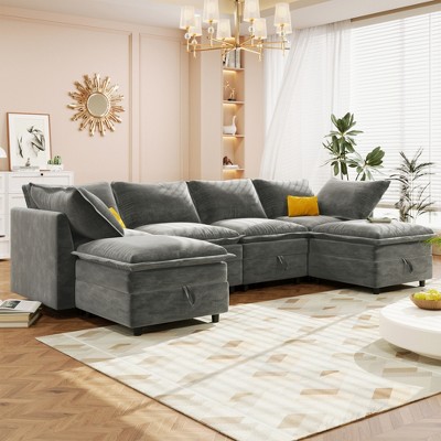 126" Modular U-Shaped Sectional Sofa with Storage Seat, Faux Double-Layer Cushions, 6-Piece Free combination Sofa Bed
