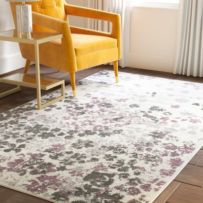 Ivory and Purple Floral Synthetic Square Area Rug, 4' x 4'