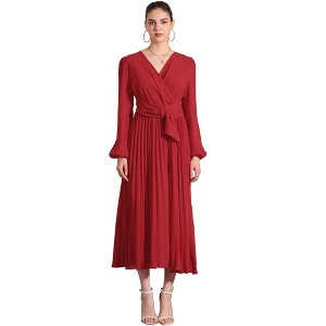 Allegra K Women's Elegant Pleated Cross V Neck Puff Sleeve Tie Waist A-Line Dress - 1 of 4