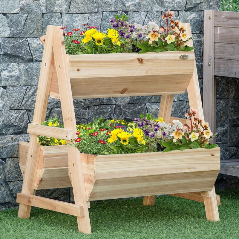 Outsunny Raised Garden Bed, 2 Tier Raised Planter Box with Stand, Nonwoven Fabric for Vegetables, Herbs, Flowers, 27" x 23" x 32", Natural, 3 of 7