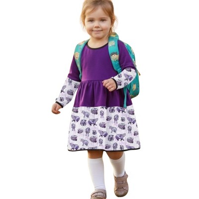The Pink Picket Fence Lulu Hippo Twirl Dress with Scrunchie for Girls – 100% Natural Cotton Long Sleeve Play Dress – Hand-Painted Hippo Print