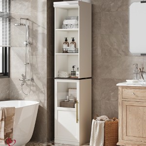 70 Inch Bathroom Storage Cabinet Tall Narrow Storage Cabinet with Open Shelves Natural/White - 1 of 4