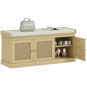 HOMCOM Shoe Storage Bench with Woven Rattan, Shoe Bench with Cushion, Adjustable Shelves, Entryway Bench for Bedroom, Living Room, Oak Tone - 1 of 4