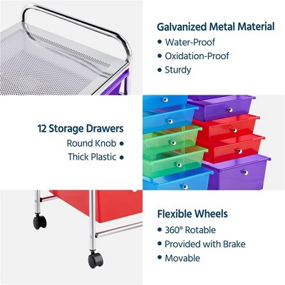 Multicolor 12-Drawer Rolling Storage Cart with Chrome Frame