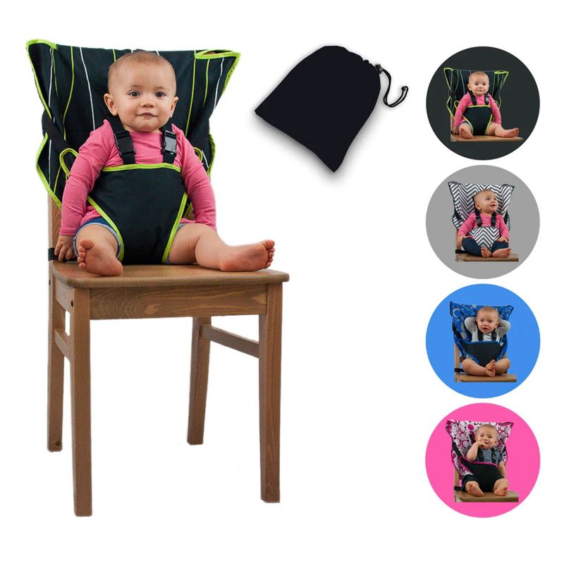 CozyBaby Portable Washable Cloth Travel Easy Seat High Chair w/ 1 Click Setup, Reinforced Harness, and Machine Washable Fabric, Black / Green, 3 of 7