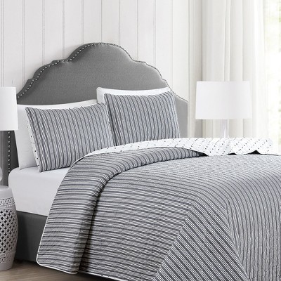 Twin Gray Reversible Microfiber Striped Quilt Set