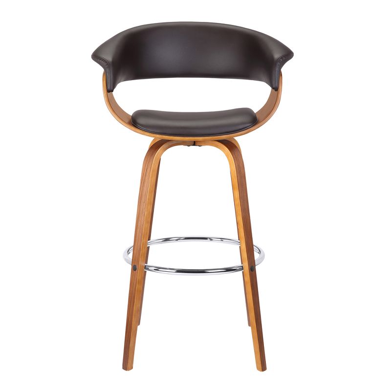 30" Julyssa Mid-Century Swivel Bar Height Barstool in Brown Faux Leather with Walnut Wood - Armen Living, 4 of 9