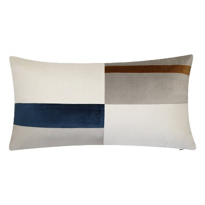 Edie@Home 12"x24" Oversized Split Striped Colorblock Lumbar Throw Pillow Cool: Velvet, Indoor Use, Hidden Zipper