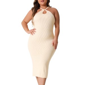 Agnes Orinda Women's Plus Size Twist Front Halter Neck Ribbed Sleeveless Midi Bodycon Dresses - 1 of 4
