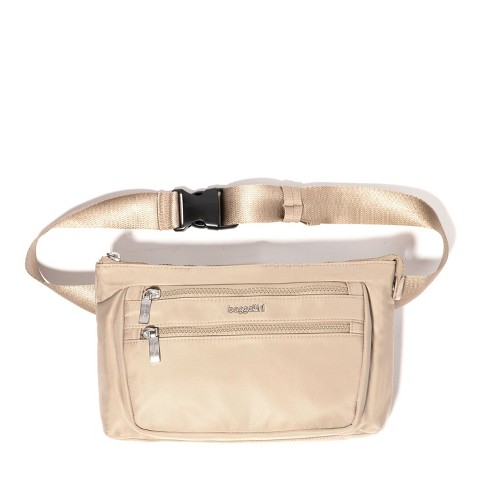 Baggallini Pocket Belt Bag Waist Pack and Crossbody Taupe Twill