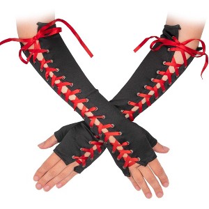 Skeleteen Girls Fingerless Lace-up Gloves - Black and Red - 1 of 3