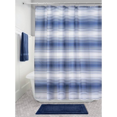 iDESIGN Quickdry Enzo Water Repellant Fabric Shower Curtain Mildew Resistant Navy Blue/White: Polyester, Machine Washable, Buttonhole Top