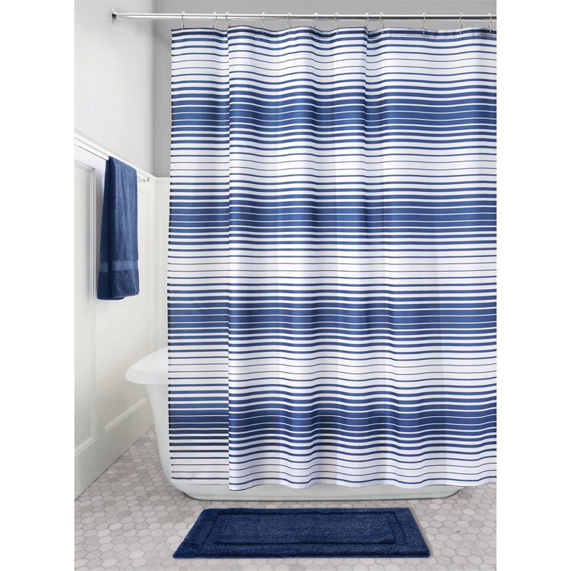 iDESIGN Quickdry Enzo Water Repellant Fabric Shower Curtain Mildew Resistant Navy Blue/White, 1 of 5