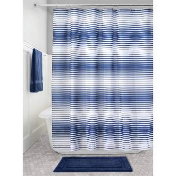 iDESIGN Quickdry Enzo Water Repellant Fabric Shower Curtain Mildew Resistant Navy Blue/White