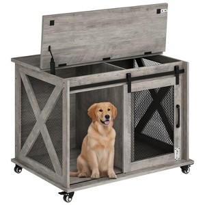 Garvee Indoor Dog Crate Furniture with Sliding Barn Door, Flip Top, Dog Crate End Table with Wheels, Removable Divider, Dog House - 1 of 4